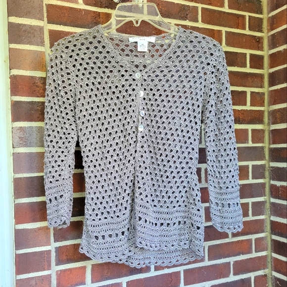 Gray Cardigan Crochet Open Knit Sweater Pursuits PS Petite - Picture 1 of 5